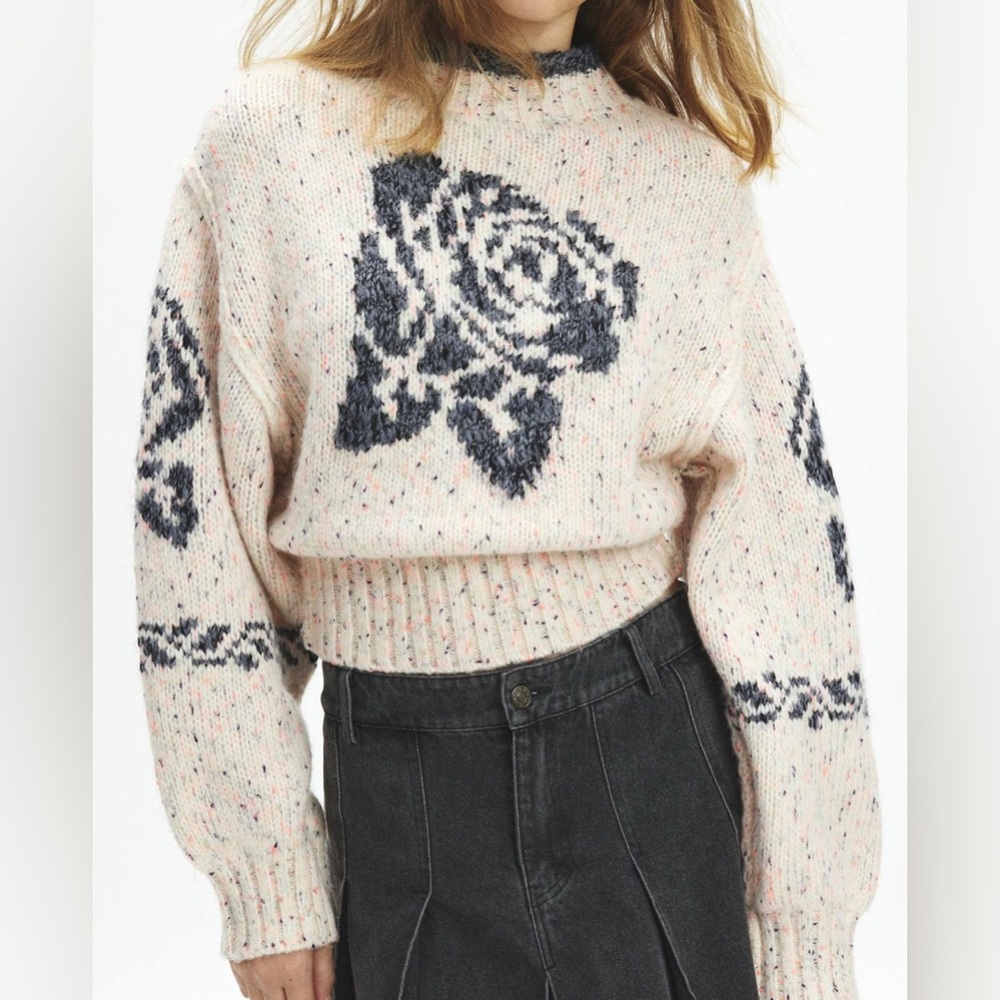 UO thick chunky knit cropped mockneck floral sweater